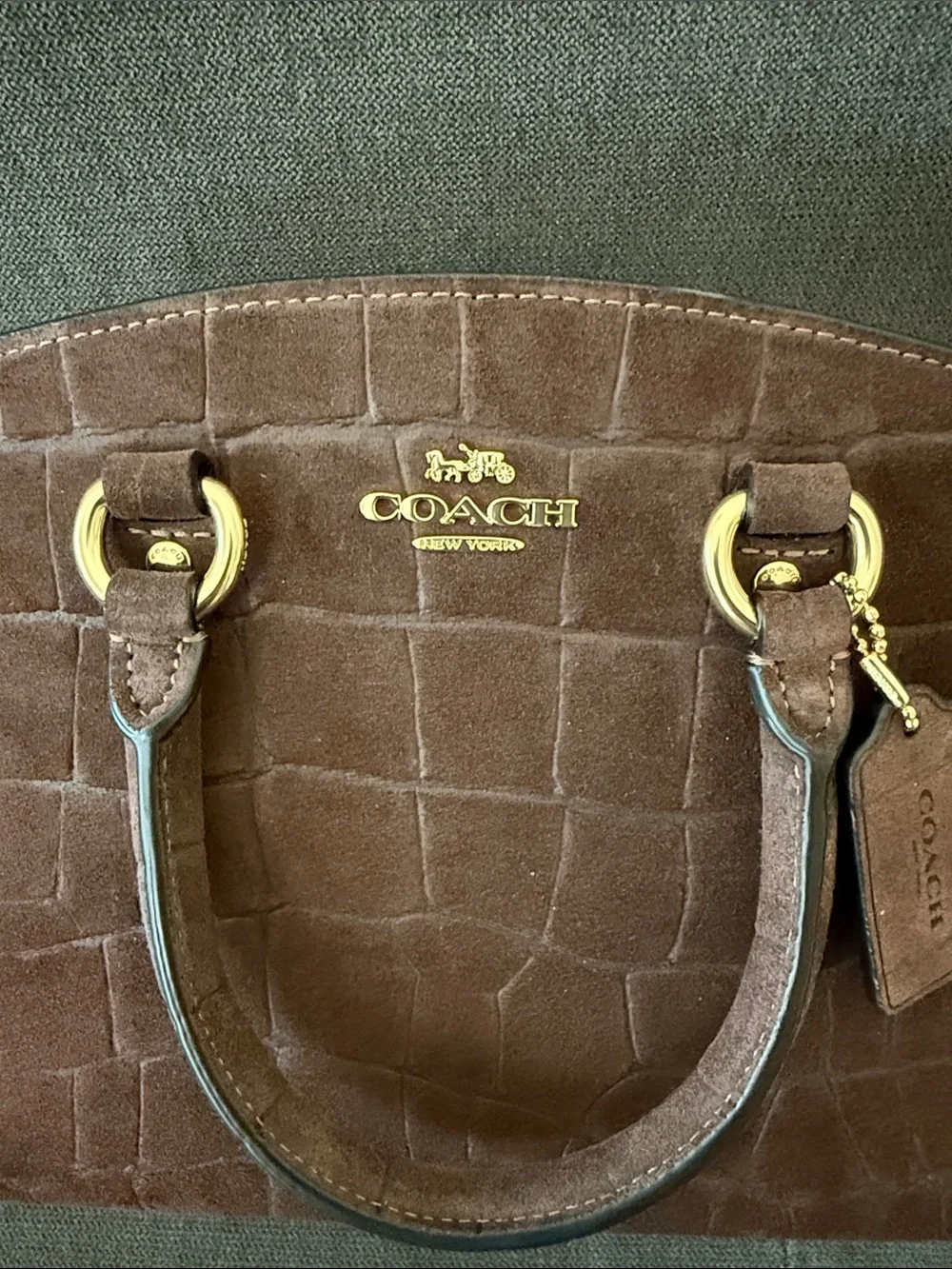 Coach Savannah Small Brown Suede Croc-Embossed Carryall with Gold Hardware